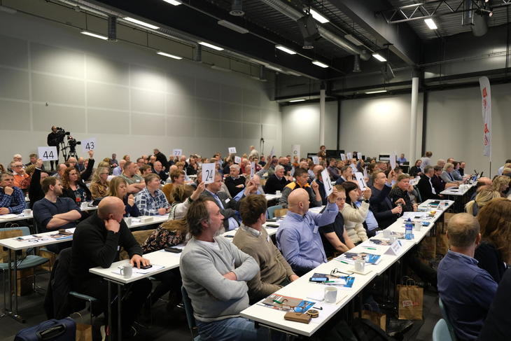 Bilde av årsmøtedelegater som stemmer