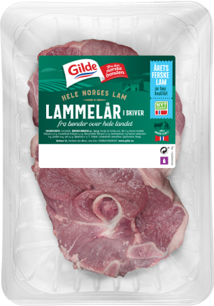 Et kjøttstykke, lammelår i skiver, i en emballasje og nytt design. Gilde-logo og påskrift hele Norges lam. 