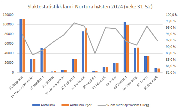 Graf med slaktestatistikk lammesesongen i Nortura 2024