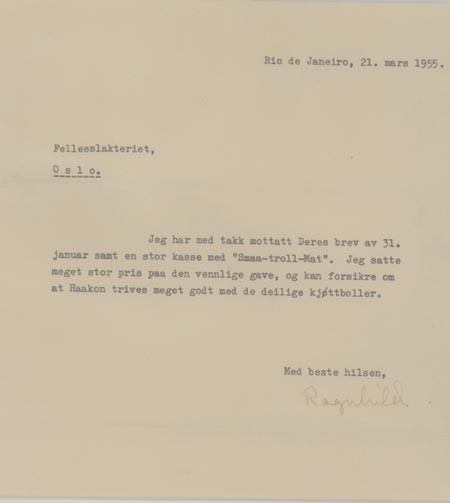 Prinsesse Ragnhild takker for hermetikk levert av Fellesslakteriet. Brevet er datert i Rio 21. mars 1955
