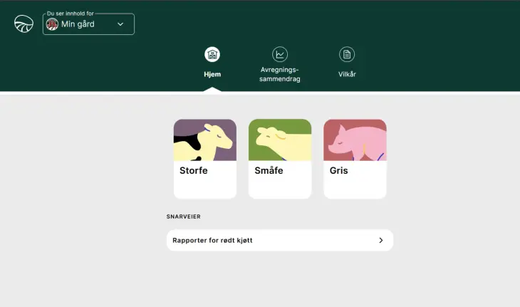 Bilde fra Min Side forside med Slakteanalyse under «Rapporter for rødt kjøtt» for gris og småfe